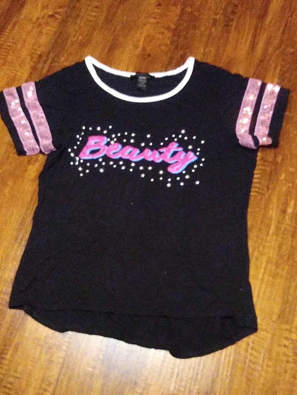 Ashley Stewart Black Tee with Pink & Blue 'Beauty' Sequin Accents